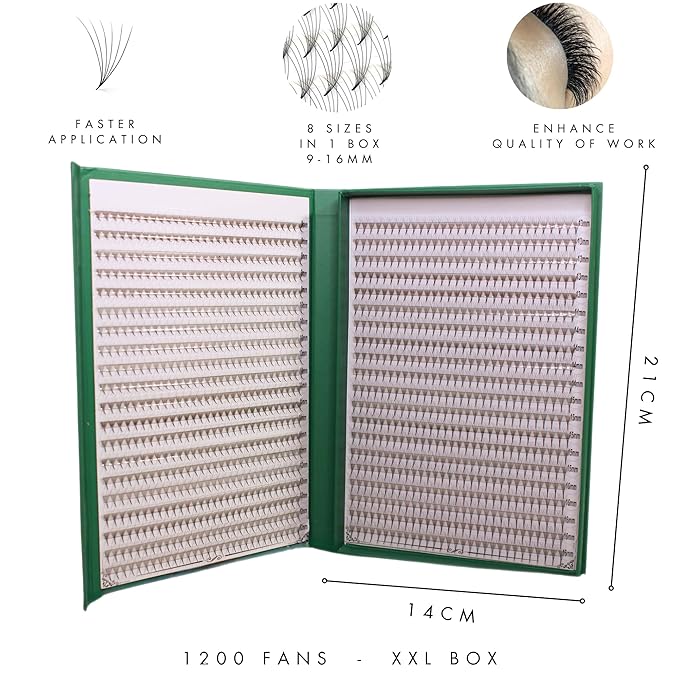 Promade XXL Box - 1200 FANS | Pinneacle Premade Volume Fans For Eyelash Extensions | 8 sizes-in-1 Box | 9mm-16mm | C, CC, D & L curl | 0.07 | 6D Volume (D curl)