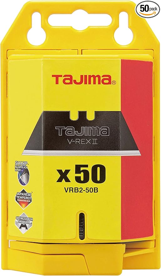 TAJIMA Utility Knife Blades - 50-Pack V-REX II Box Cutter Blades with Premium Tempered Steel & Safety Blade Dispenser - VRB2-50B