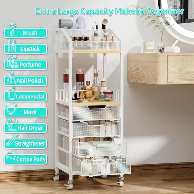 HapiRm Makeup Organizer Storage Cart - Floor Skincare Make Up Storage with 4 Drawers, Rolling Makeup Cart Vanity Organizer Cosmetics Display Cases Holder for Skin Care Perfume Nail Polish