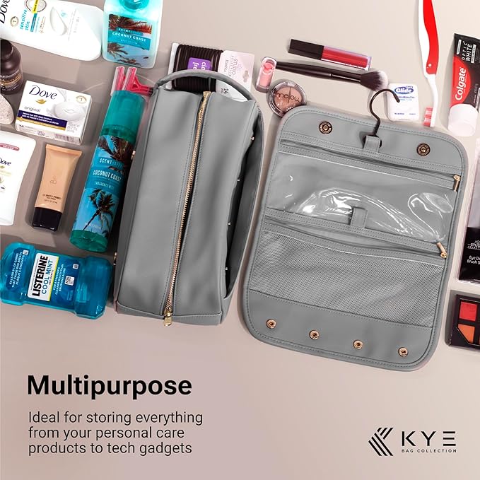 Leather Travel Toiletry Bag for Men with Removable Cover and Hanging Hook - Dopp Kit for men - Makeup Bag Organizer for Women for all your Travel Essentials (Grey)