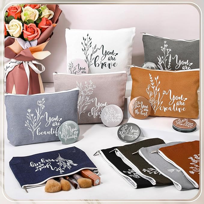40 Pcs Employee Appreciation Gifts 20 Inspirational Canvas Makeup Bags 20 Compact Mirrors Bulk Cosmetic Bags Round Portable Pocket Mirror Thank You Gifts for Women (Boho)