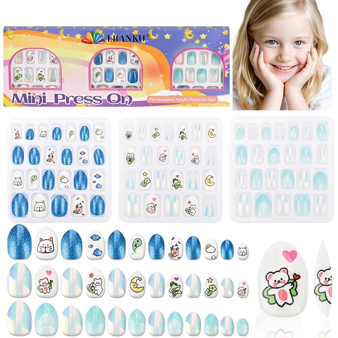 72 Pieces Press on Nails for Kids, EBANKU 3 Pack Kid Fake Nail Kit Blue Bear Cat Flower Press on Nails for girls 8-12 Years with Jelly Nail Adhesives