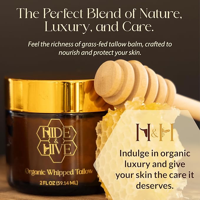 HIDE & HIVE Whipped Tallow Balm – Grass-Fed Moisture for Face, Body & Hands – Organic Beef Tallow for Skin with Royal Jelly & Propolis – Clean, Non-Greasy Balm for Dry, Sensitive Skin
