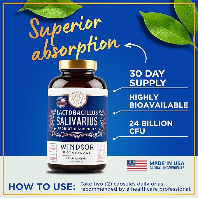 Lactobacillus Salivarius Probiotic - 24bn CFU L Salivarius Dental Probiotics for Teeth and Gums - Bad Breath Treatment for Adults, Immune Support, Digestive Health - 60 Oral Probiotic Capsules