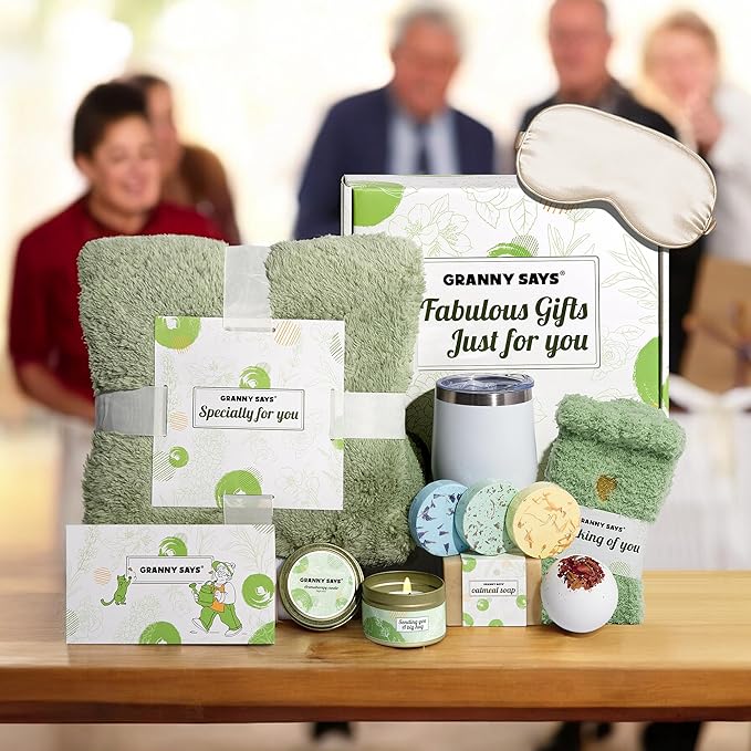 GRANNY SAYS Birthday Gifts Box for Women Unique, Spa Gifts, Self Care Get Well Soon Gifts for Women, Care Package with Flannel Blanket for Mom, Best Friends, Wife, Sister, Green