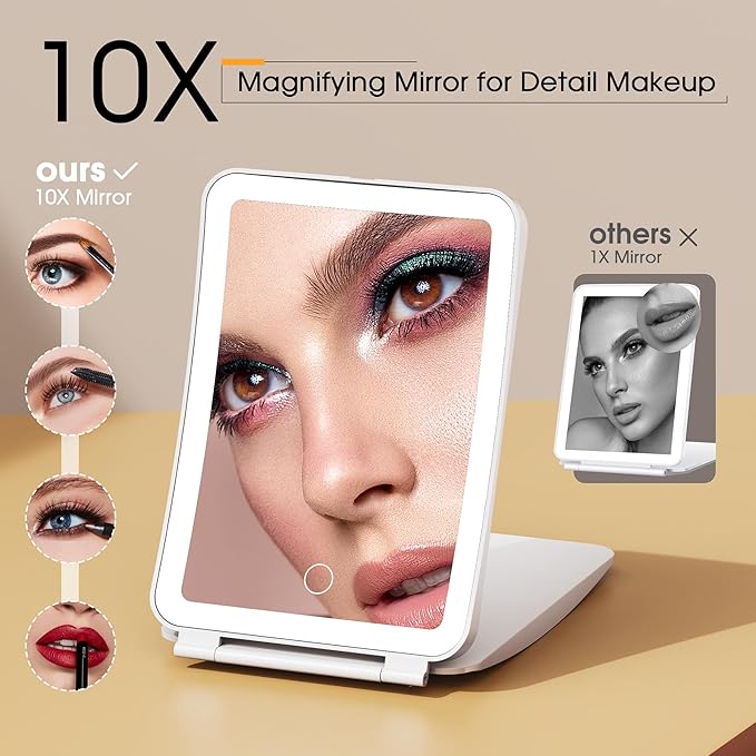 10X/1X Magnification Lighted Makeup Mirror with Lights, Rechargeable Magnifying Mirror with 80LED&2000mAh Battery, Portable Travel Vanity Mirror with 3 Colors Dimmable Lighting, Travel Essentials