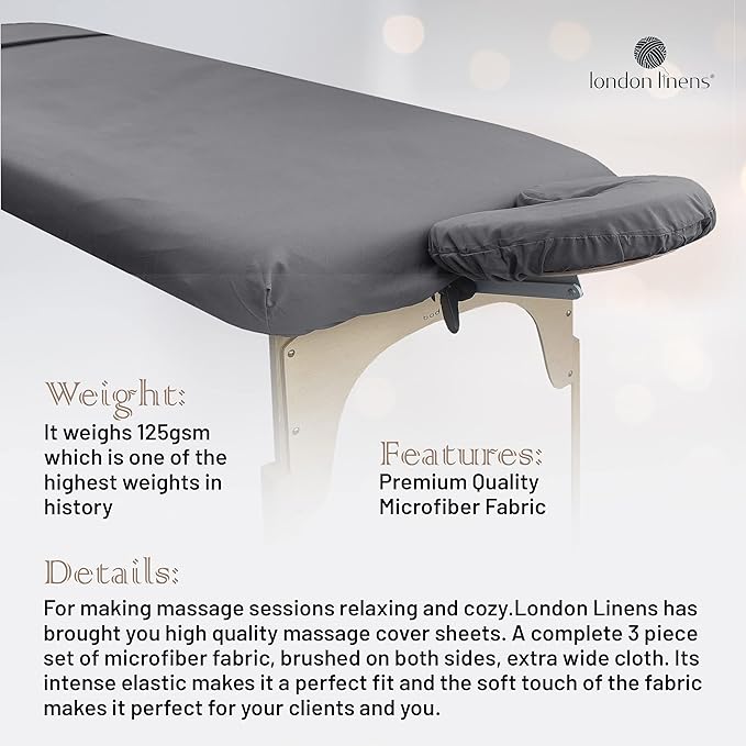 LONDON LINENS Soft Microfiber Massage Table Sheets Set 3 Piece Set - Includes Massage Table Cover, Massage Fitted Sheet, and Massage Face Rest Cover (Grey)