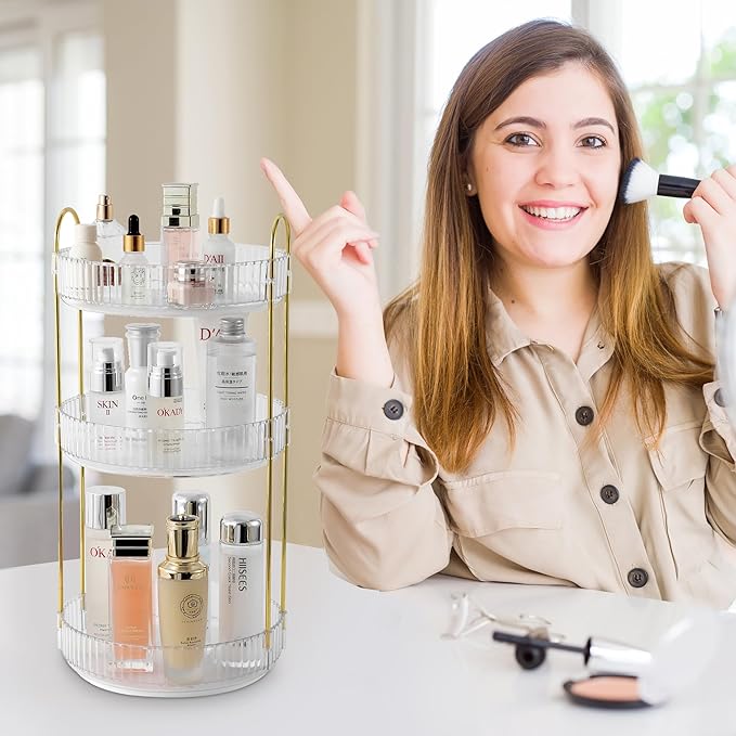 Aveniee Rotating Makeup Organizer for Vanity, 3 Tier Perfume Skincare Organizers and Storage for Bathroom Countertop, Clear Spinning Counter Cosmetic Holder for Dresser (White)