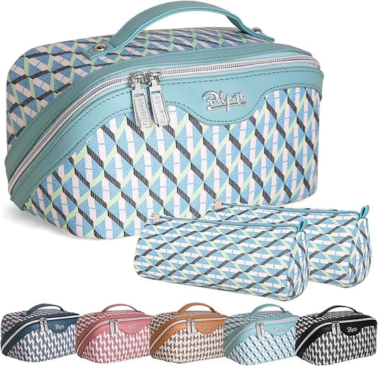 BOYATU Travel Makeup Bags for Women: Large Capacity Cosmetic Bag Set of 3 - Vegan Leather Make up Bags with Compartments - Wide Open Waterproof Toiletry Organizer Bag with Handle (E-02-Blue)