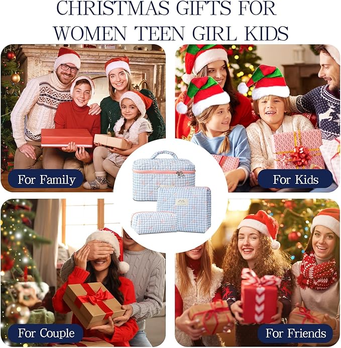 Makeup Bag, 3 PCS Quilted Makeup Bag, Cute Floral Cotton Cosmetic Bag set, Coquette Makeup Pouch Large Travel Toiletry Bag