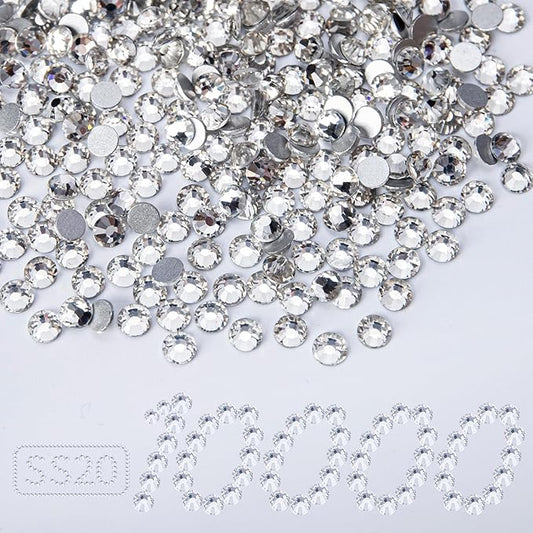 10000PCS Clear Rhinestones Bulk, Flat Back Crystal Glass Stone Round Gems,SS20, 4.6-4.8mm