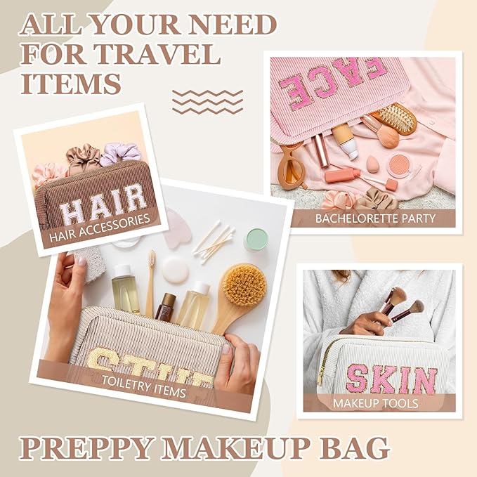 4 Pcs Travel Toiletry Bags for Women Preppy Makeup Bags Organizer Face Skin Hair Stuff Chenille Letter Pouch with Zipper Aesthetic Corduroy Skin care Hair Bag for Women Gifts