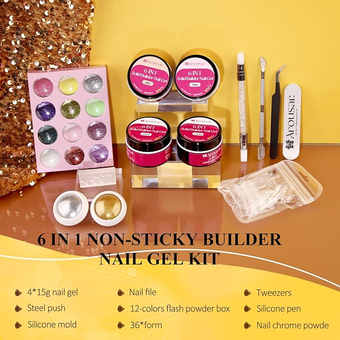 Solid Builder Nail Gel Kit, 4 Colors Non Stick Nail Extension Gel Set, Clear White Pink Apricot Nail Gel with Powder and Decorations Manicure Tools DIY at Home for Professional Salon