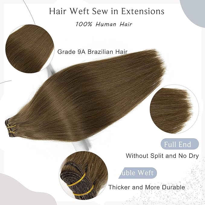 Sew in Hair Extensions Real Human Hair,Ash Brown Hair Extensions Real Human Hair Bundles Weft Hair Extensions Human Hair 100G 20Inch Hand Tied Weft Hair Extensions Human Hair Sew in Weave for Women