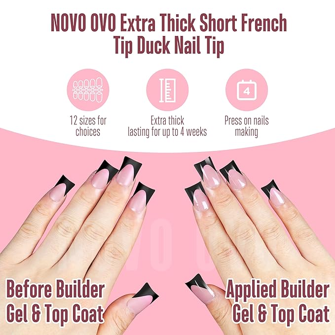 Black French Tip Short Duck Nail Tips Press on, BERRY PINK Pre-designed Soft Gel Nail Extension, Extra thick Full Cover Matte Vrial False Nails for DIY x 12 Sizes 240 pcs
