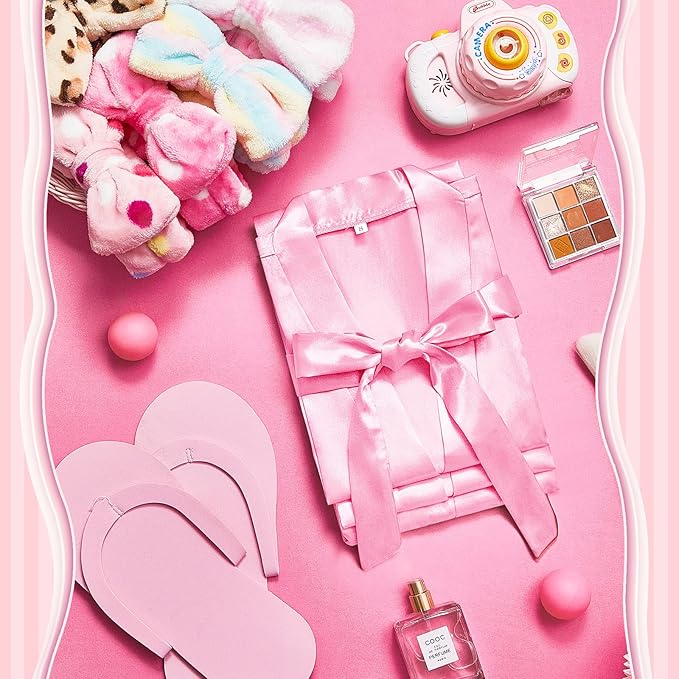 Jecery 18 Pcs Spa Party Supplies for Girls 6 Satin Kimono Robe 6 Spa Headband 6 Disposable Foam Pedicure Slippers (Pink,Size 12)