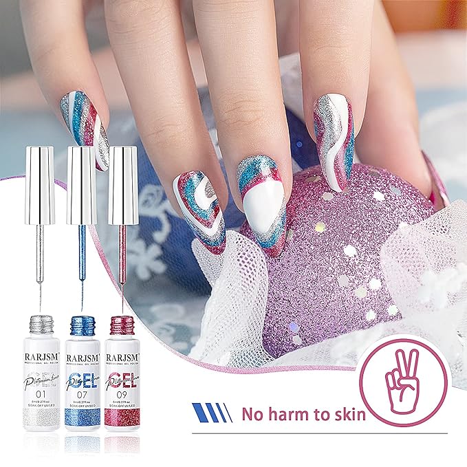 Painted Gel Nail Polish Set, Nail Art Gel Metallic Liner Painting Polish Set UV LED Gel 12 Colors Platinum Liner Gel Champagne Glitter Silver Rosa Gold Green Blue Purple Gel Paint for Nail Art Design