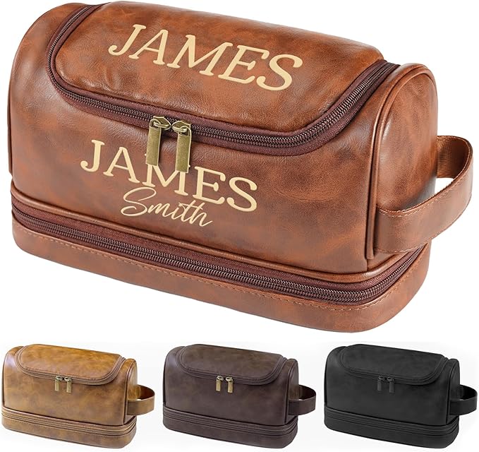 Personalized Toiletry Bag for Men, Custom Leather Toiletry Bag, Double Sided customization, Men Dopp Kit Gift, Gifts for Boyfriend, Dad, Son Husband Father's Day, Wedding, Anniversay, Birthday