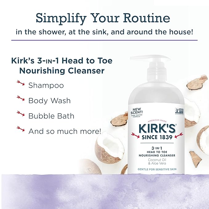 Kirk's 3-in-1 Head to Toe Nourishing Liquid Cleanser- for Men, Women & Children - Premium Coconut Oil & Aloe Vera- Non GMO & Vegan - Lavender and Vanilla - 32 Fl Oz. - 2 Pack