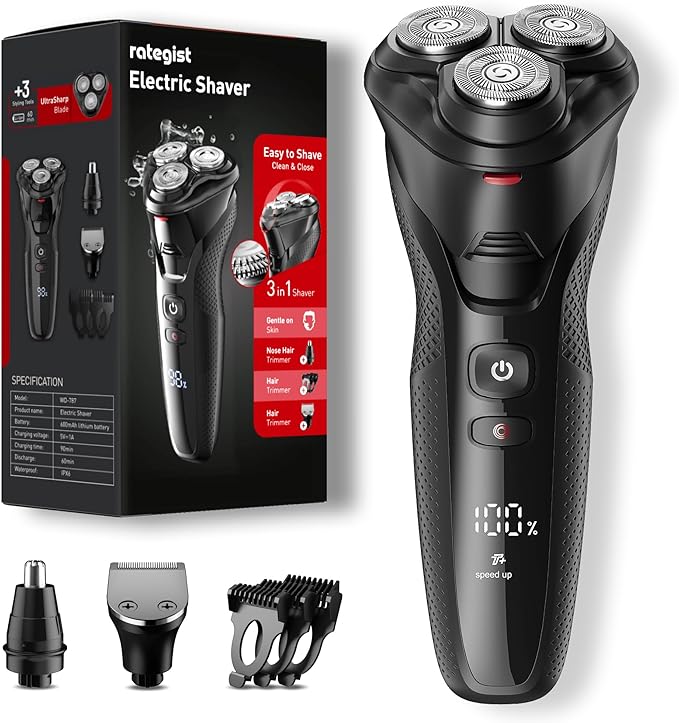 Electric Razor for Men, rategist Rechargeable Shaver, Waterproof Wet Dry Cordless, Adjustable Speeds, with Nose Hair Trimmer