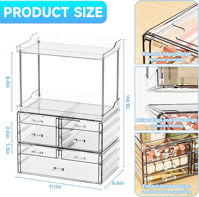 3 Pack Bathroom Organizers and Storage Countertop With 7 Drawers,Stackable Vanity Top Organizer,18.9" Tall Large Capacity Skin Care Organizer and Exquisite Makeup Storage for Beauty Products,Clear