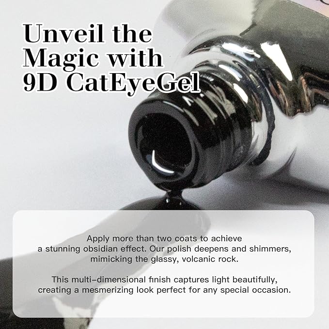 9D Cat Eye Gel Nail Polish Set, 15ml Obsidian Black Cat Eye Gel, Includes Silicone Handle Cylinder Magnetic Stick for Mesmerizing 9D Effects