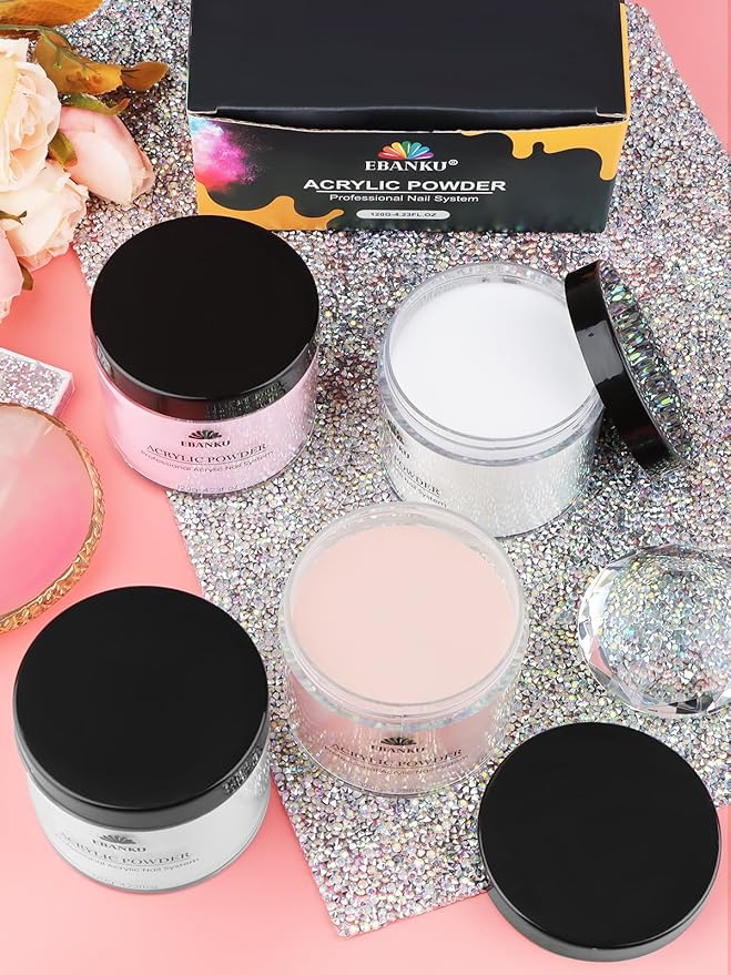 EBANKU Acrylic Powder Set 4 Colors Acrylic Nail Powder Nude Pink White Clear Acrylic Powder for Acrylic Nail Extension Nail Carving, Long-Lasting, No Nail Lamp Needed, Large Capacity 4.23oz*4