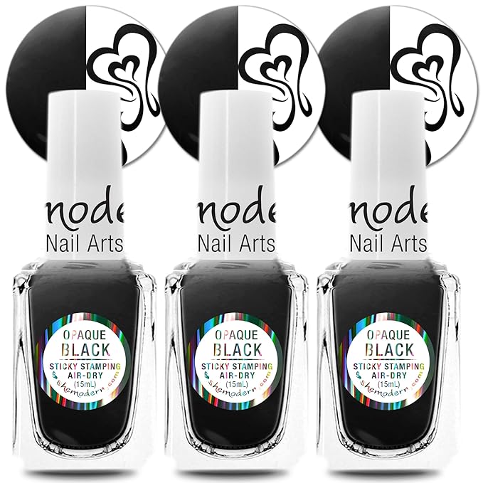 SheModern STICKY BLACK Opaque Stamping Polishes (Set of 3) For Nail Art Design Air Dry Collection. More Transfer Time with Tacky Surface for Easy Adhere of Pigment, Glitter
