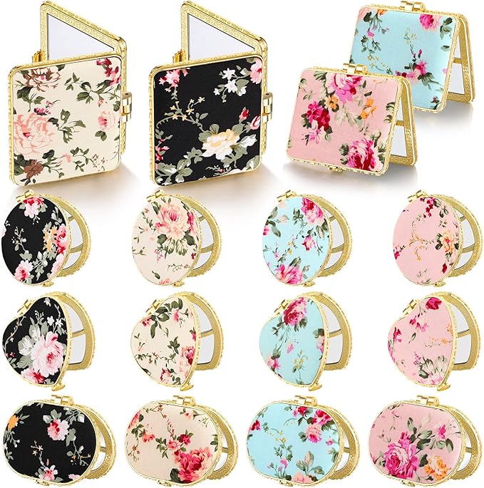 Blulu 16 Pcs Compact Mirror for Purse Small Flower Pocket Mirror Vintage Portable Floral Folding Tea Party Favors Birthday Gifts for Women Wedding Makeup Travel(Gold Edge)