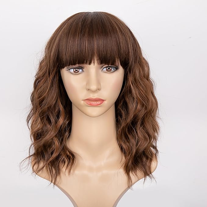 AISI HAIR Synthetic Wavy Curly Bob Wig with Bangs Brown Highlight Short Hair for Women Synthetic Heat Resistant Bob Wigs