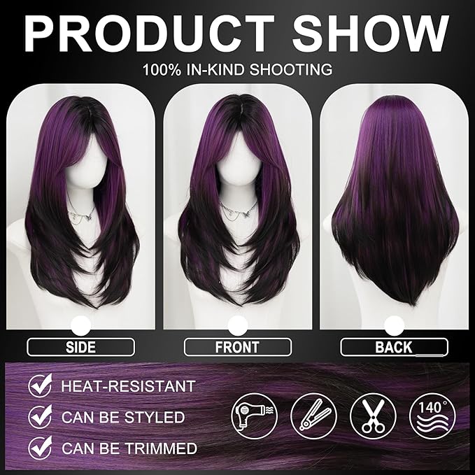 7JHH WIGS Long Dark Purple Ombre Wig with Bangs for Women Heat Resistant Fiber 25 Inch Layered Synthetic Hair Wigs with Dark Roots for Daily Use