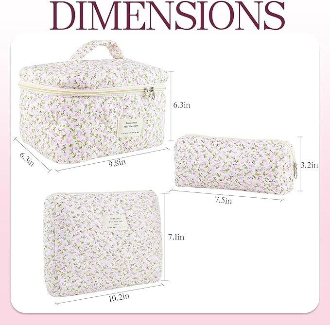 Makeup Bag, 3 PCS Quilted Makeup Bag, Cute Floral Cotton Cosmetic Bag set, Coquette Makeup Pouch Large Travel Toiletry Bag