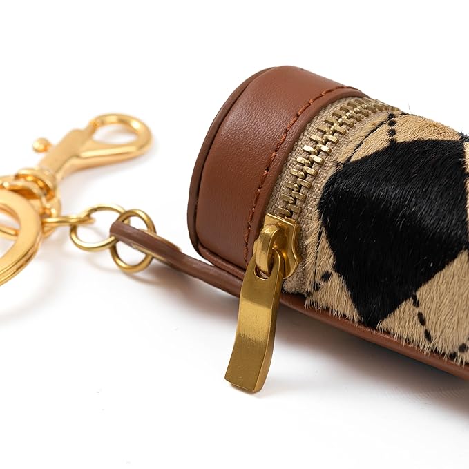 Cackatoo Genuine Leather Horsehair Lipstick Case with Keychain - Portable Travel Organizer for Lipstick and Chapstick - Stylish Key Chain Accessory for Women (Checkered/Brown)