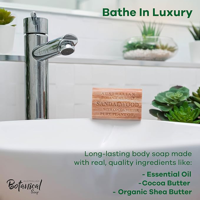 Australian Botanical Soap Sandalwood with Cocoa Butter 6.6 oz Luxury Soap Bars Enriched with Shea Butter, Suitable for Men, Women and All Skin Types, Pack of 4