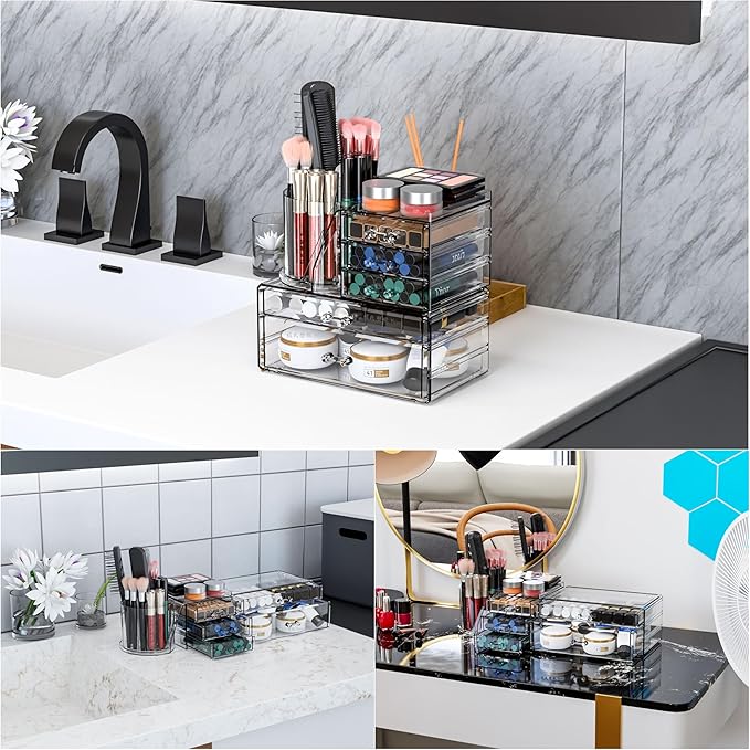 Clear Acrylic Makeup Organizers for Countertop & Vanity,2 Pack Cosmetic Storage Organizer with Brush Holder,Cute Makeup Holder and Make up Containers for Dresser Top,Dorm,Bathroom Skincare Organizer