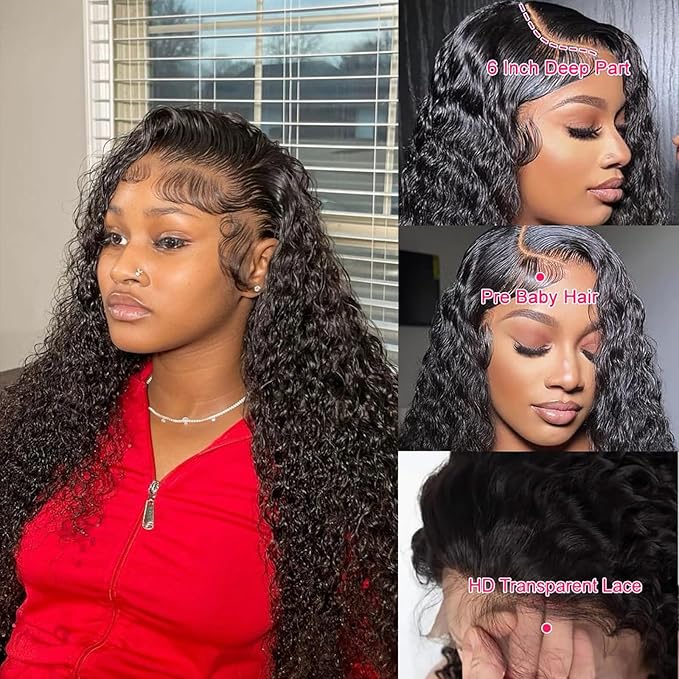 34 Inch13x6 Deep Wave Lace Front Wigs Human Hair 180% Density 13x6 HD Lace Deep Curly Glueless Frontal Wigs Human Hair Pre Plucked for Women Wet and Wavy Glueless Wigs Human Hair