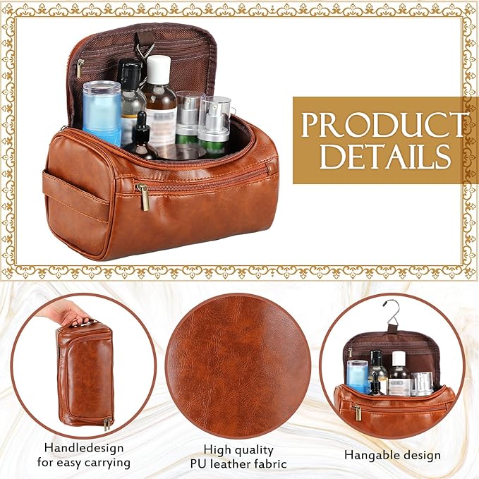 Aliceset 6 Pcs Groomsmen Gift Groomsmen Toiletry Bags Set of 6 Leather Toiletry Bag for Men with Hook Leather Wedding Proposal Bag with Side Handle Father Gift(Brown)