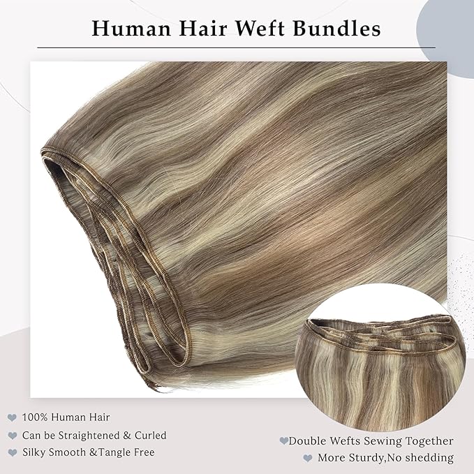 Sew in Hair Extensions Real Human Hair, 14 Inch Hand Tied Weft Hair Extensions Human Hair Weave Bundles Ash Brown Balayage Platinum Blonde Human Hair Weft Extensions Sew in Bundles 80G