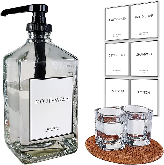 eBun 37oz Glass Mouthwash Dispenser for Bathroom, Mouthwash Dispenser Pump, Mouth Wash Container with Reusable Cup, Mouth Wash Bottle, Countertop Kitchen Sink Dish Liquid Soap Holder Set (Black)