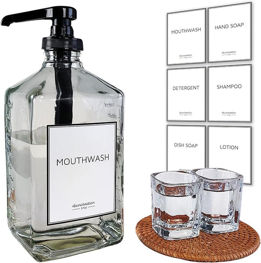 eBun 37oz Glass Mouthwash Dispenser for Bathroom, Mouthwash Dispenser Pump, Mouth Wash Container with Reusable Cup, Mouth Wash Bottle, Countertop Kitchen Sink Dish Liquid Soap Holder Set (Black)