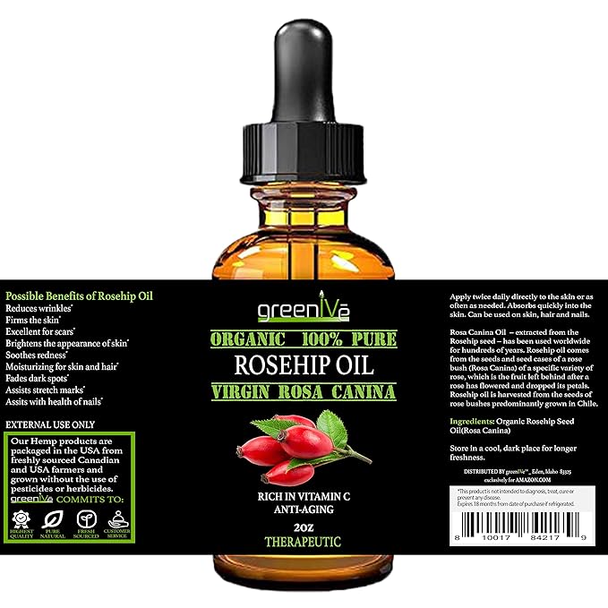 GreenIVe Rosehip Oil Rosa Canina 100% Pure Cold Pressed Virgin Oil Glass Dropper Easy Application (2 Fl Oz)