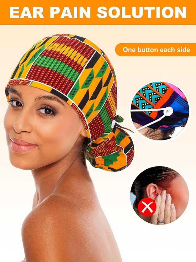 6 Pcs Satin Lined Scrub Caps Women Nurse Surgical Hat with Buttons Ponytail Working Adjustable Pouch Tie Back