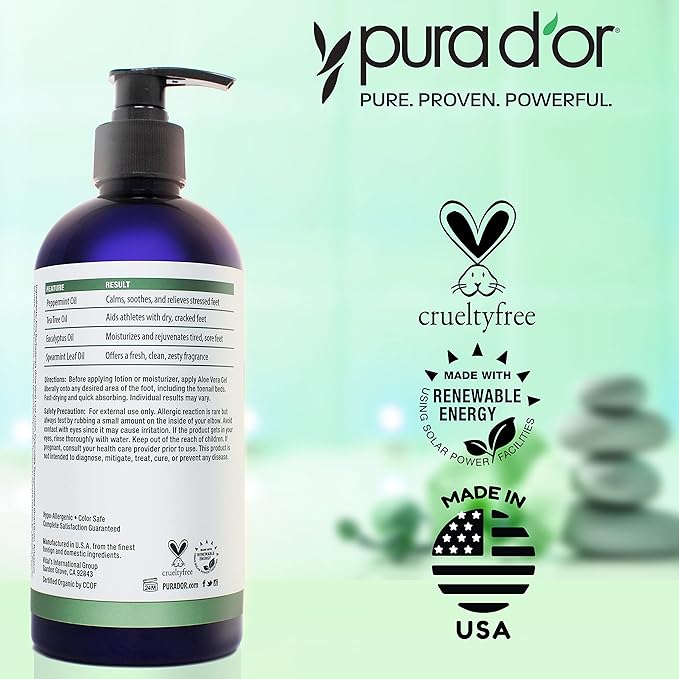 PURA D'OR 16 Oz FootFocus Organic Aloe Vera Gel For Severe Cracked Heel Repair Foot Care Products - Soothes Sore Feet Extra Strength Feet Care - Vitamin E, Peppermint, Tea Tree & Eucalyptus Oil
