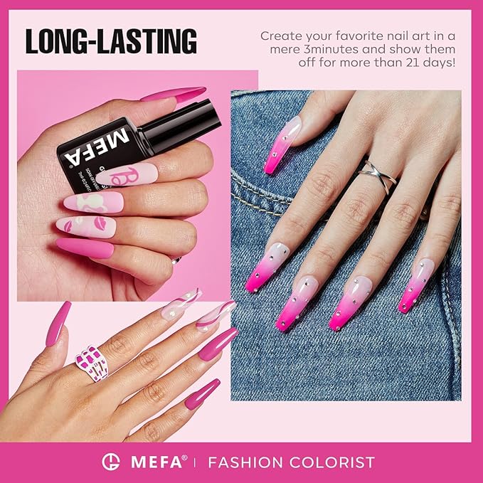 MEFA Pink Gel Nail Polish Set 6 Colors, Hot Pink Shades Spring Neon Light Bright Magenta Electric Tones Craze Nail Art Design at Home DIY Decorations Manicure Kit Gifts for Women
