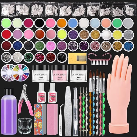 Professional Acrylic Nail Kit - Practice Hand Set with Powder, Brush, DIY Starter Kit for Beginners with tips, glue, and glitter