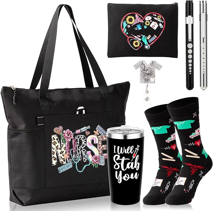 7 Pcs Nurse Gifts for Womem Appreciation Gift Set Include Nurse Tote Bag Penlight Makeup Bag Socks for Nurse Graduation Appreciation Thank You Gift for CNA Rn LPN LVN Practitioner