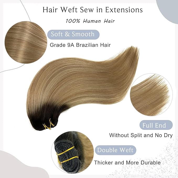 Sew in Hair Extensions Real Human Hair Bundles Ombre Brown Highlighted Blonde Weft Hair Extensions Human Hair Hand-Tied Weft Hair Extensions Human Hair 100G 16Inch Sew in Extensions for Women