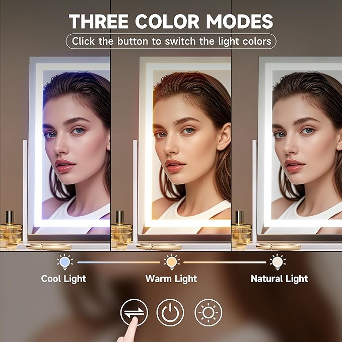 Hasipu Vanity Mirror with Lights, 23.6" x 18.1" LED Makeup Mirror, Light up Mirror with Smart Touch 3 Colors Dimmable, Brightness Adjustment, 360° Rotation (White)