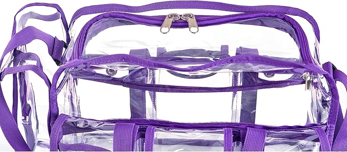 Wide Mouth Large Professional Clear PVC Travel Makeup Artist Set Bag Cosmetic Nails Beauty Bag Transparent Vinyl Tool Organizer Beach Bags Diaper Bags with 6 External Pockets & Strap (Purple)