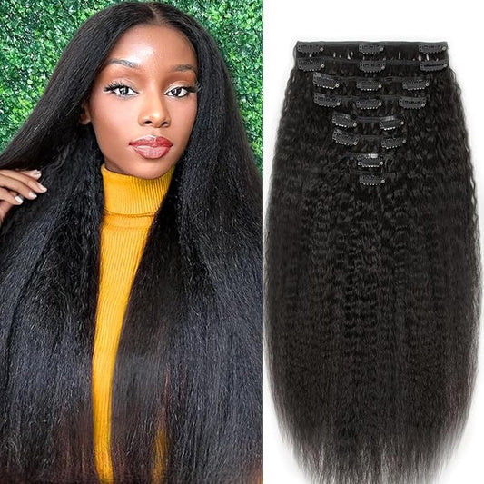 Kinky Straight Clip in Hair Extensions Real Human Hair 18 Inch Kinky Clip ins for Women Full Head Brazilian Remy Human Hair Extensions 8pcs 100g Per Set with 18 Clips Double Weft Natural Black